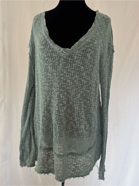 We The Free Distressed Cotton Sweater  Sage Boho Grunge Layering Slouchy Raw Hem